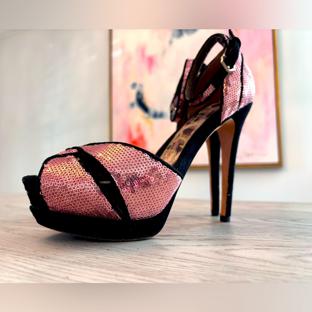 Sam Edelman Paisley 5” Sequin Ankle-Strap Plat Form In Rose Gold Size 7.5m